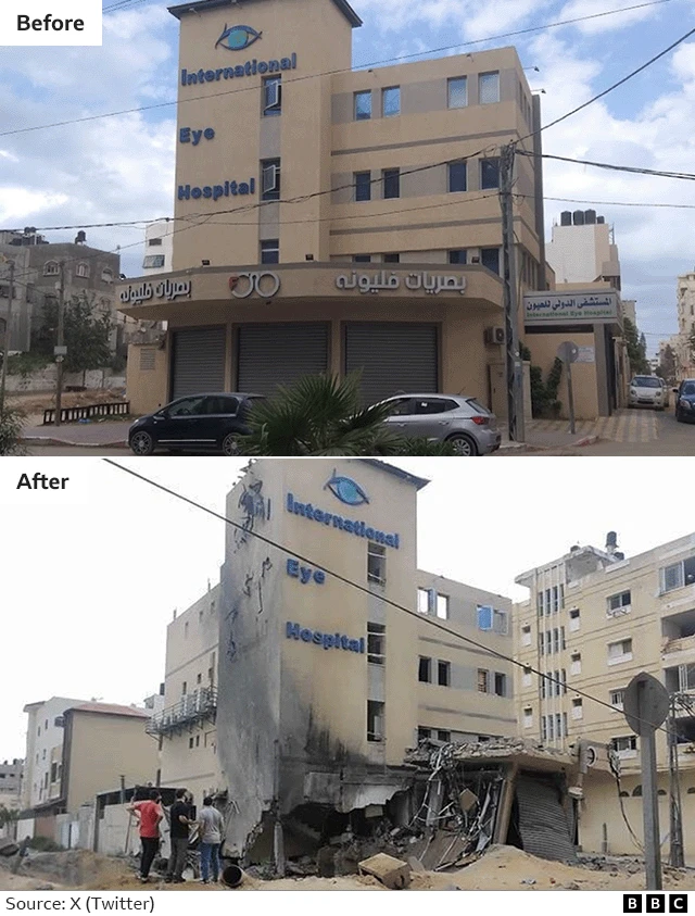 A before and after image of the damaged International Eye Hospital