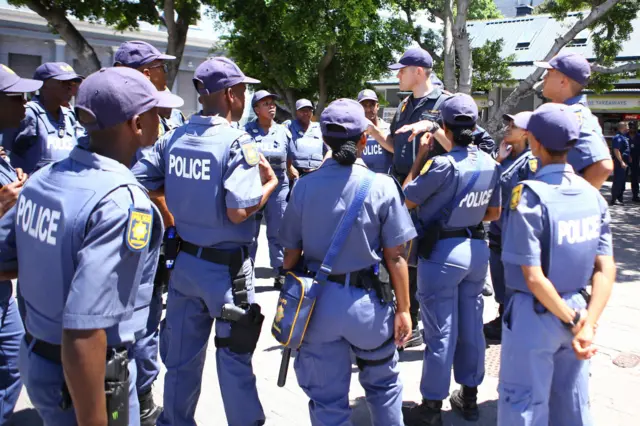 Police presence ahead of the 2023 State Of The Nation Address (SONA) at Cape Town City Hall on February 09, 2023 in Cape Town, South Africa. The address is an annual event, in which the President of South Africa reports on the status of the nation, normally to the resumption of a joint sitting of Parliament (the National Assembly and the National Council of Provinces)