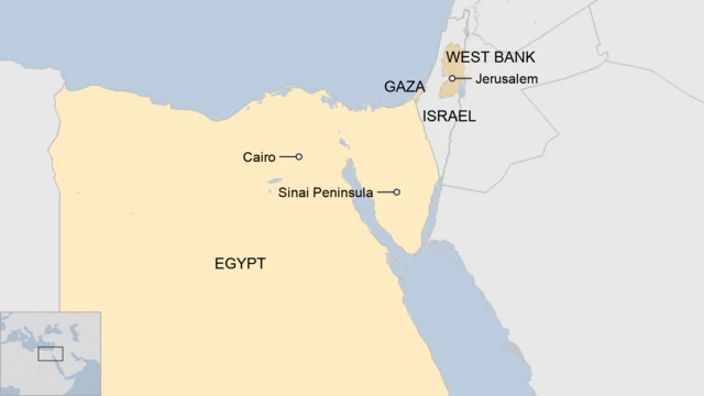 A map showing Egypt, Israel and the disputed Palestinian territories of Gaza and the West Bank.