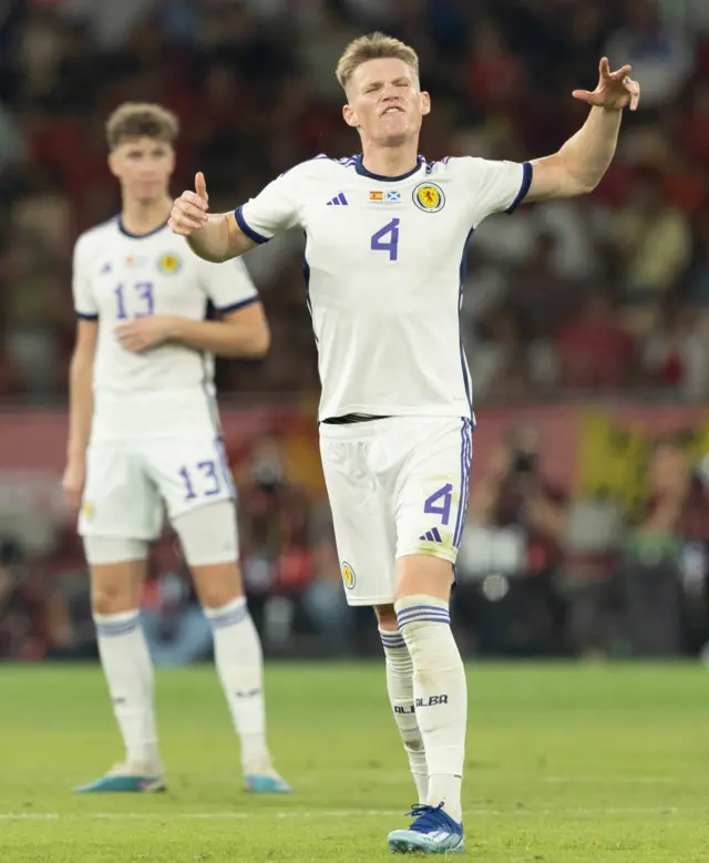 Scotland's Scott McTominay looks dejected as his goal is ruled out by VAR for a foul by Jack Hendry on Unai Simon during a UEFA Euro 2024 Qualifier at the Estadio De La Cartuja