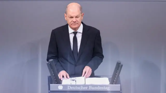 German Chancellor Olaf Scholz delivers a government statement on Israel during a lower house of parliament Bundestag session in Berlin, Germany, October 12