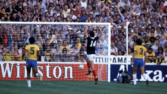 Dave Narey celebrates making it 1-0 against Brazil in 1982