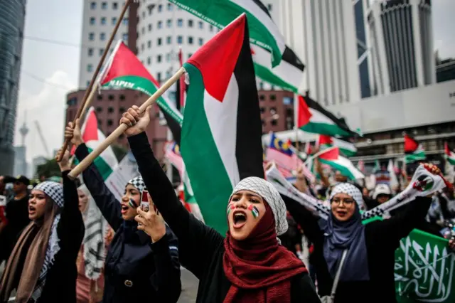 Women waves a Palestinian flag on a protest