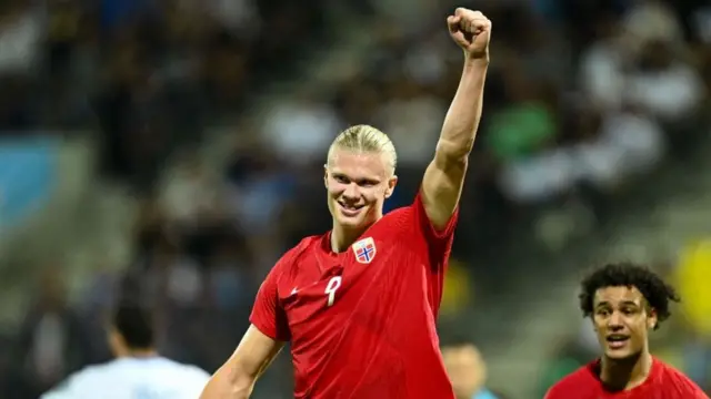 Erling Haaland celebrates scoring for Norway