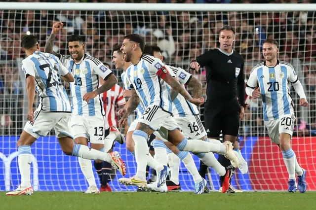 Nicolas Otamendi celebrates scoring for Argentina