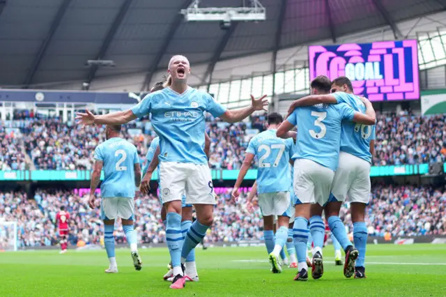 Premier League top scorer Erling Haaland celebrates another goal