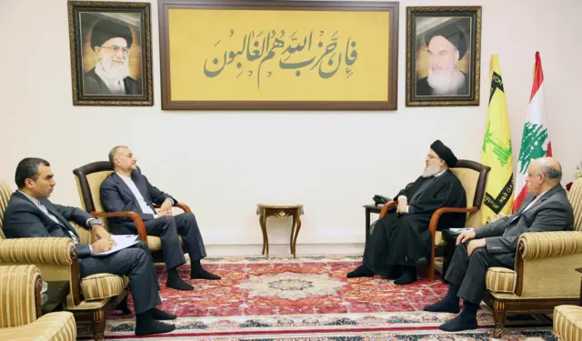 Hezbollah leader Sayyed Hassan Nasrallah meeting with Iran’s Foreign Minister Hossein Amir Abdollahian in Beirut on 13 October 2023.