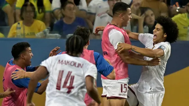 Venezuela celebrate scoring against Brazil in 2026 World Cup qualifying