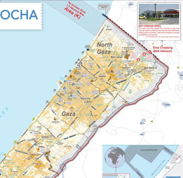 Close-up of UN OCHA map of Gaza Strip