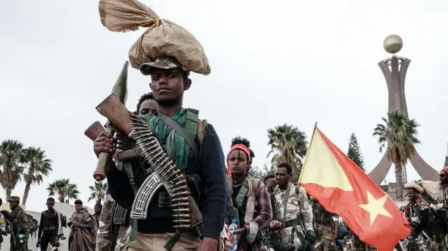 Tigray People's Liberation Front (TPLF) fighters prepare to leave for another field at Tigray Martyr's Memorial Monument Center in Mekele, the capital of Tigray region, Ethiopia, on June 30, 2021.