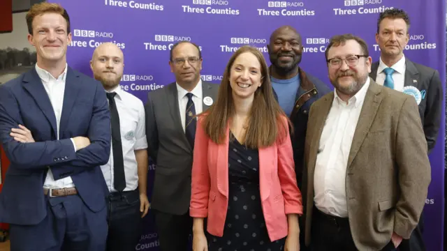 Seven candidates taking part in a Mid Bedfordshire by-election candidate debate on BBC Three Counties Radio