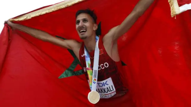 Soufiane El Bakkali of Team Morocco celebrates after winning gold in the Men's 3000m Steeplechase Final on day four of the World Athletics Championships Oregon22 at Hayward Field on July 18, 2022 in Eugene, Oregon.