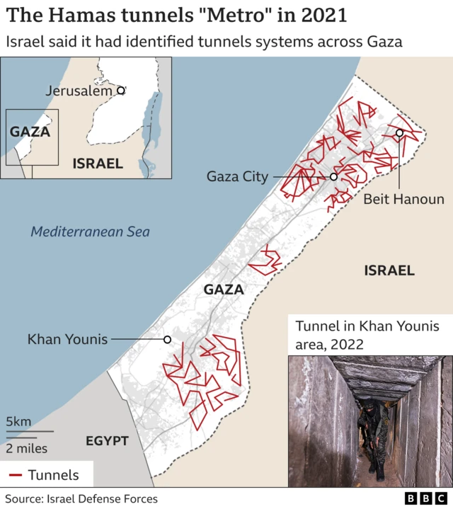 Map titled The Hamas Metro Tunnels in 2021. A map shows the gaza strip with many red lines indicating lengthy tunnels used by Hamas underground.