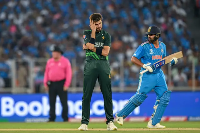 Shaheen Afridi looks on after Rohit Sharma finds the boundary