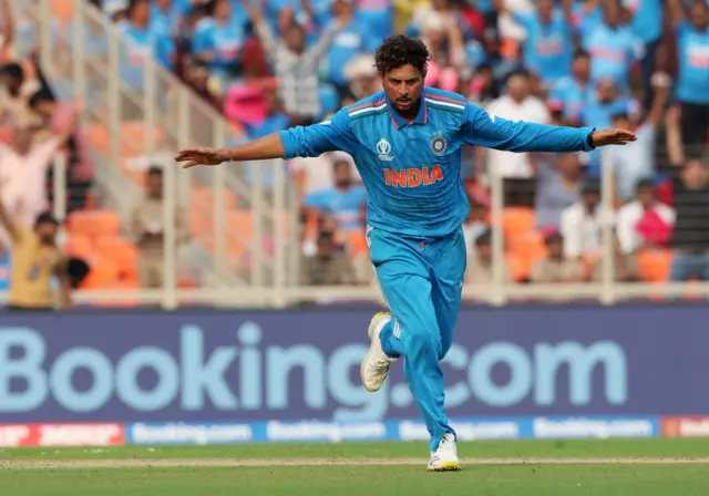 Kuldeep Yadav celebrates a wicket