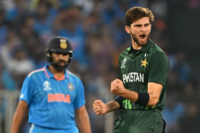 Shaheen Afridi celebrates the wicket of Shubman Gill