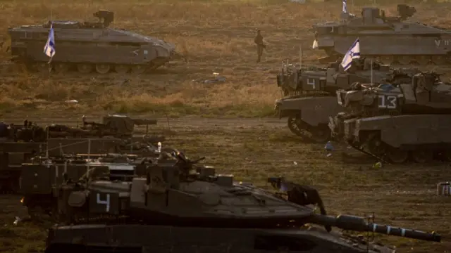 Israeli army armoured vehicles on the Gaza border