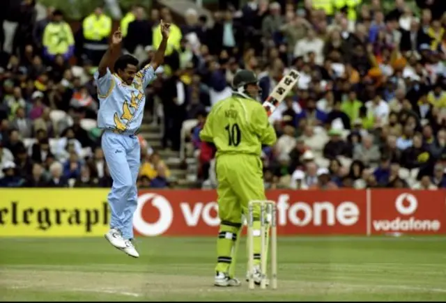 Javagal Srinath of India takes the wicket of Shahid Afridi of Pakistan in the World Cup Super Six match at Old Trafford in Manchester, England. India won by 47 runs