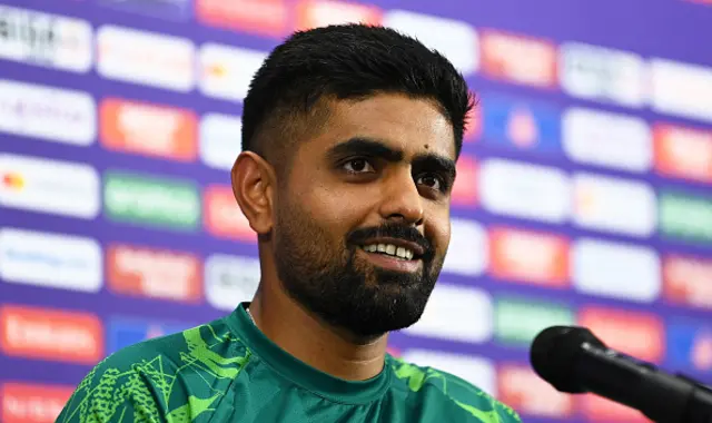 Babar Azam of Pakistan looks on as they are interviewed during the ICC Men's Cricket World Cup India 2023