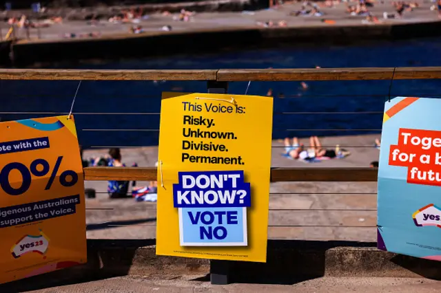 A 'no' sign is seen at Clovelly Surf Life Saving Club reads: This Voice is Risky, Unknown, Divisive, Permanent