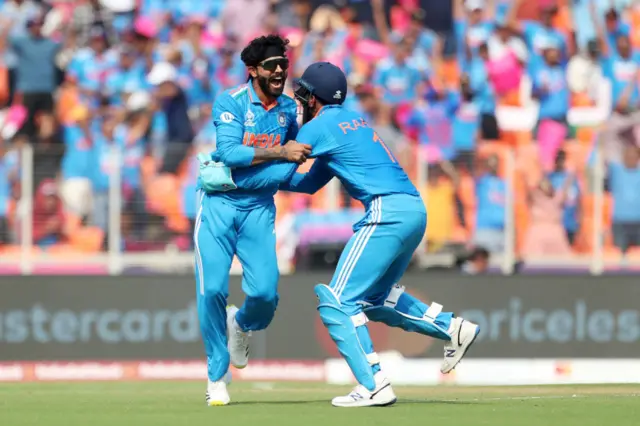 Ravindra Jadeja celebrates after trapping Mohammad Rizwan lbw but the decision is overturned on review