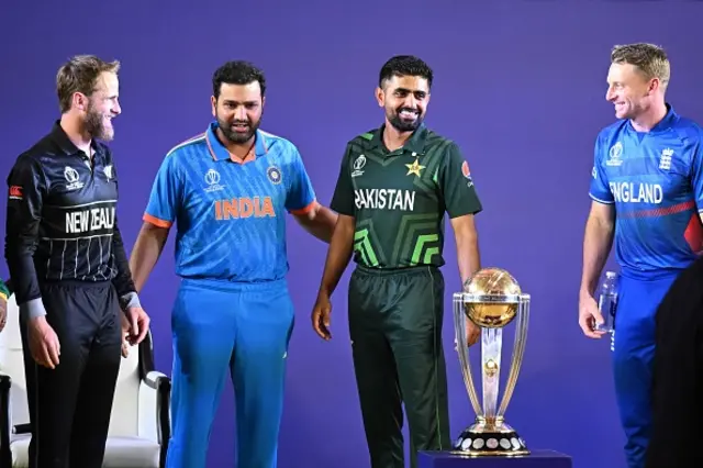 India's captain Rohit Sharma (2L) with his counterparts New Zealand's Kane Williamson (L), Pakistan's Babar Azam (2R) and England's Jos Buttler