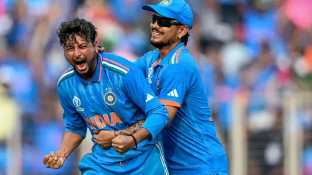 Kuldeep Yadav celebrates the wicket of Saud Shakeel