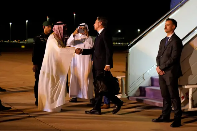 U.S. Secretary of State Antony Blinken arrives in Riyadh, Saudi Arabia , October 13, 2023 and is greeted by MFA Undersecretary for Protocol Affairs Abdulmajeed Alsmari