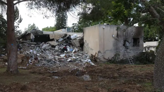 Destroyed buildings at the Kfar Aza Kibbutz