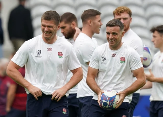 Owen Farrell and George Ford laughing in training