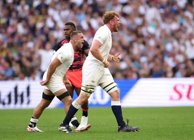 Ben Earl and Ollie Chessum of England celebrate a turnover