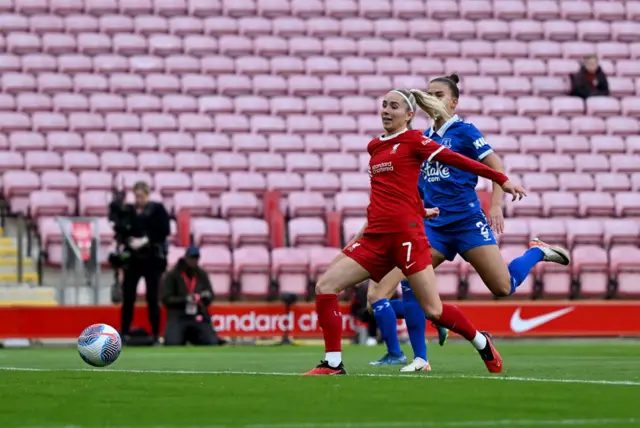 ) Missy Bo Kearns of Liverpool Women scoring the opening goal which was later called offside