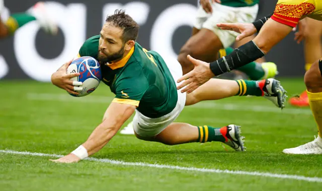 Cobus Reinach dives over the try line against Romania