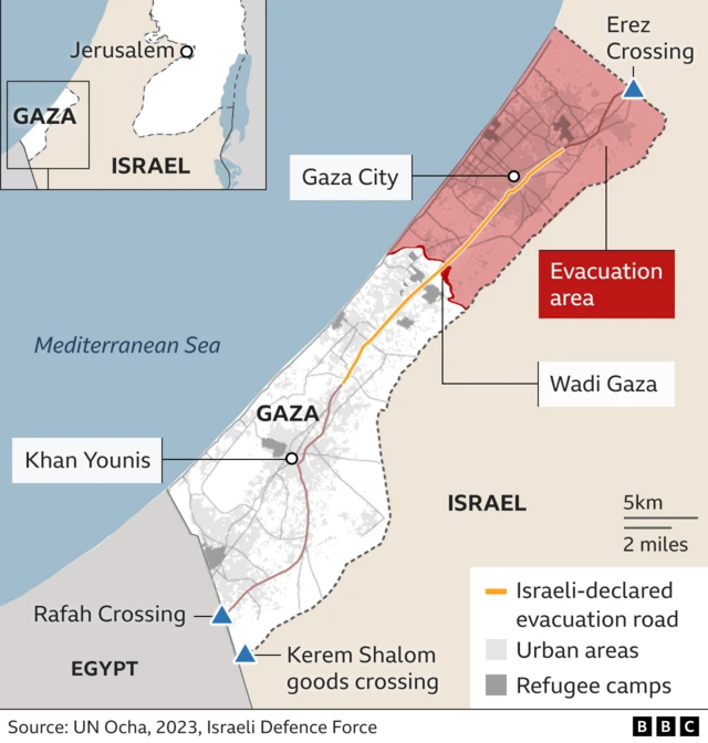 Map of Gaza strip, showing northern area where Israeli has told people to evacuate from and the location of Khan Younis in south Gaza