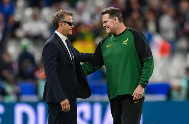 Rassie Erasmus, right, and France head coach Fabien Galthié