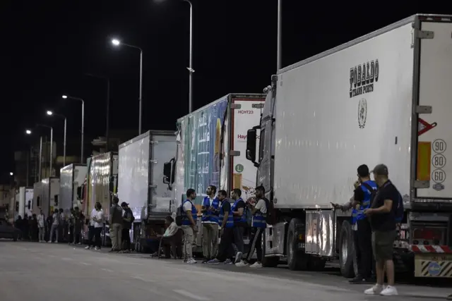 A queue of lorries waiting to cross from Egypt into Gaza