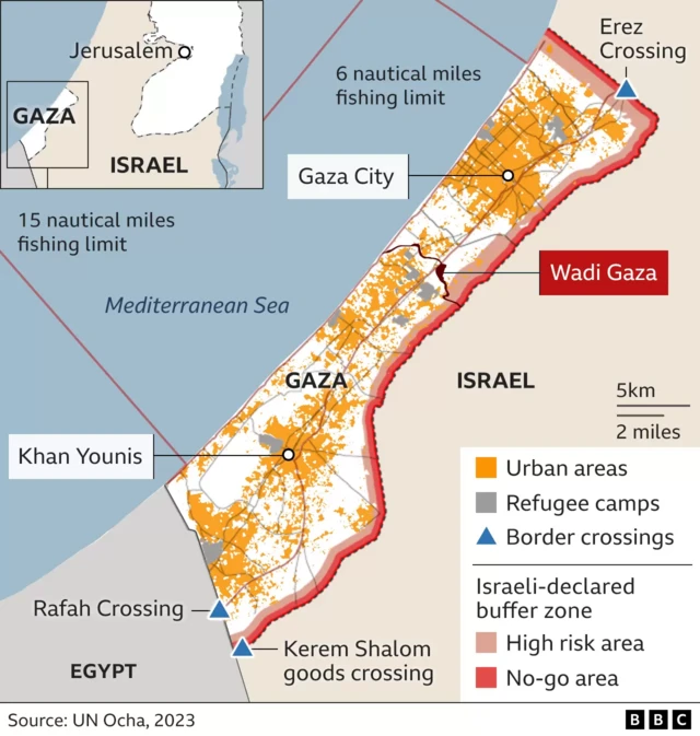 Detailed map of Gaza, the major urban areas and the crossing points and Wadi Gaza