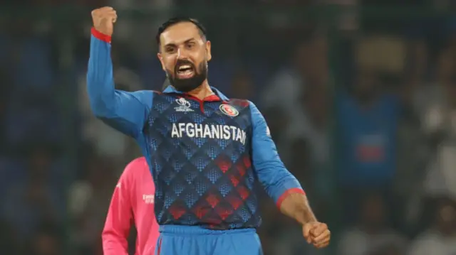 Mohammad Nabi celebrates the wicket of Dawid Malan