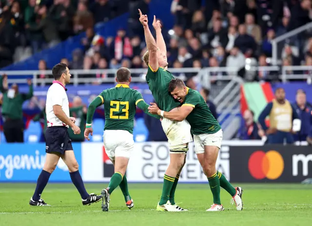 Pieter-Steph Du Toit and Handre Pollard of South Africa celebrate