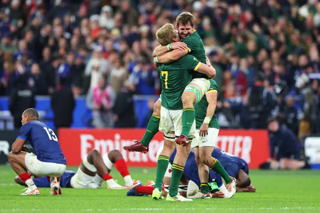 Pieter-Steph Du Toit and Kwagga Smith of South Africa celebrate victory