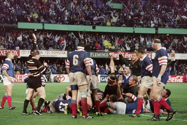 South Africa drive over France's try line in the 1995 World Cup