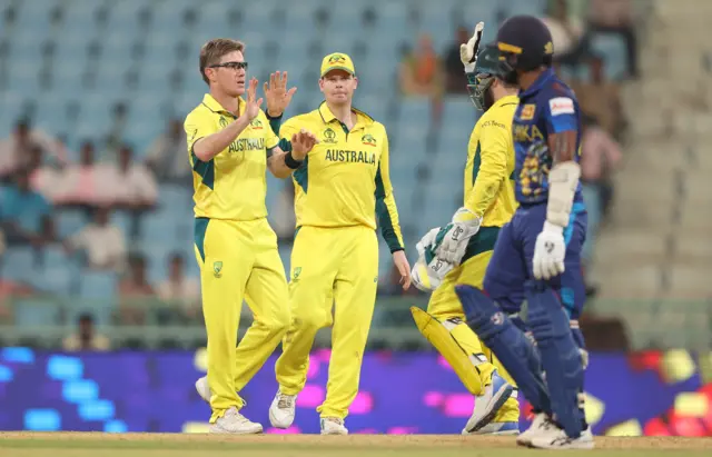 Adam Zampa of Australia celebrates the wicket of Chamika Karunaratne of Sri Lanka during the ICC Men's Cricket World Cup India 2023 between Australia and Sri Lanka