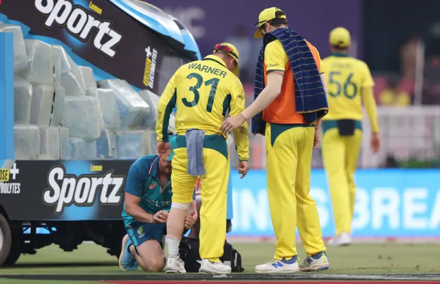 David Warner receives some treatment to his knee