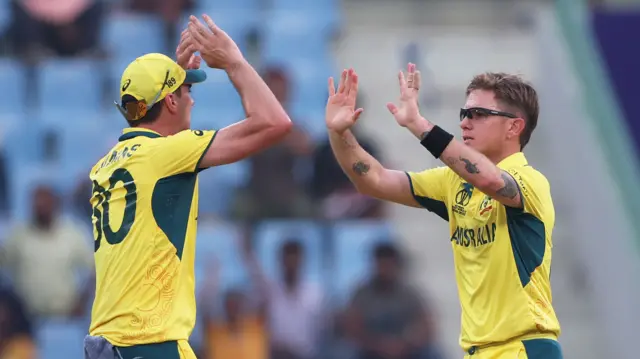 Adam Zampa and Pat Cummins celebrate a wicket