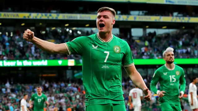 Evan Ferguson celebrates scoring the Republic of Ireland's second goal against Gibraltar