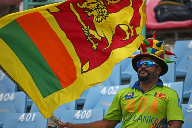 A Sri Lanka fan in the crowd waves a flag before the World Cup game against Australia