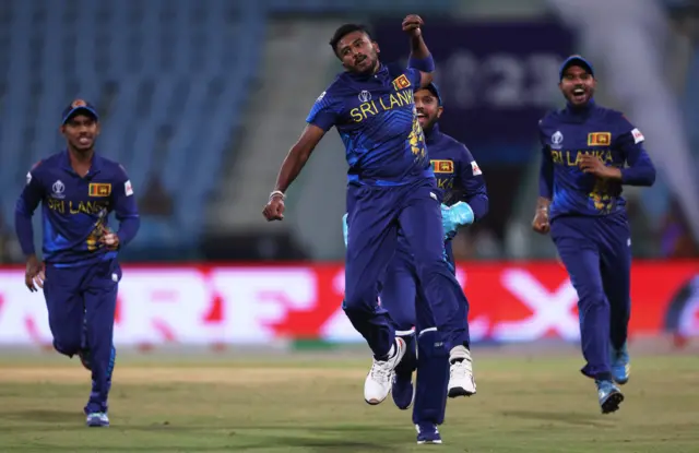 Dilshan Madushanka celebrates the wicket of Steve Smith