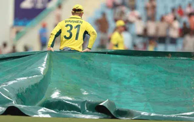 David Warner helps the groundstaff bring the covers on