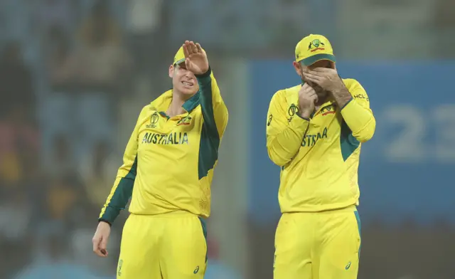 Steve Smith and Glenn Maxwell hide their faces from a sand storm