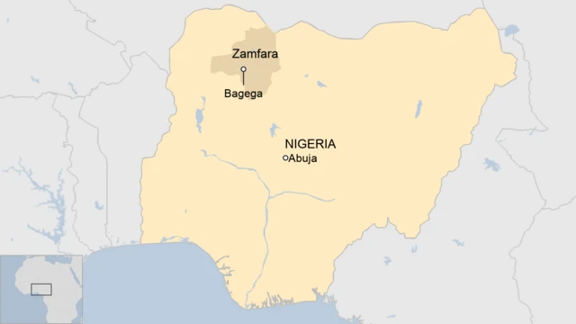 A map of Nigeria showing Bagega in Zamfara state.